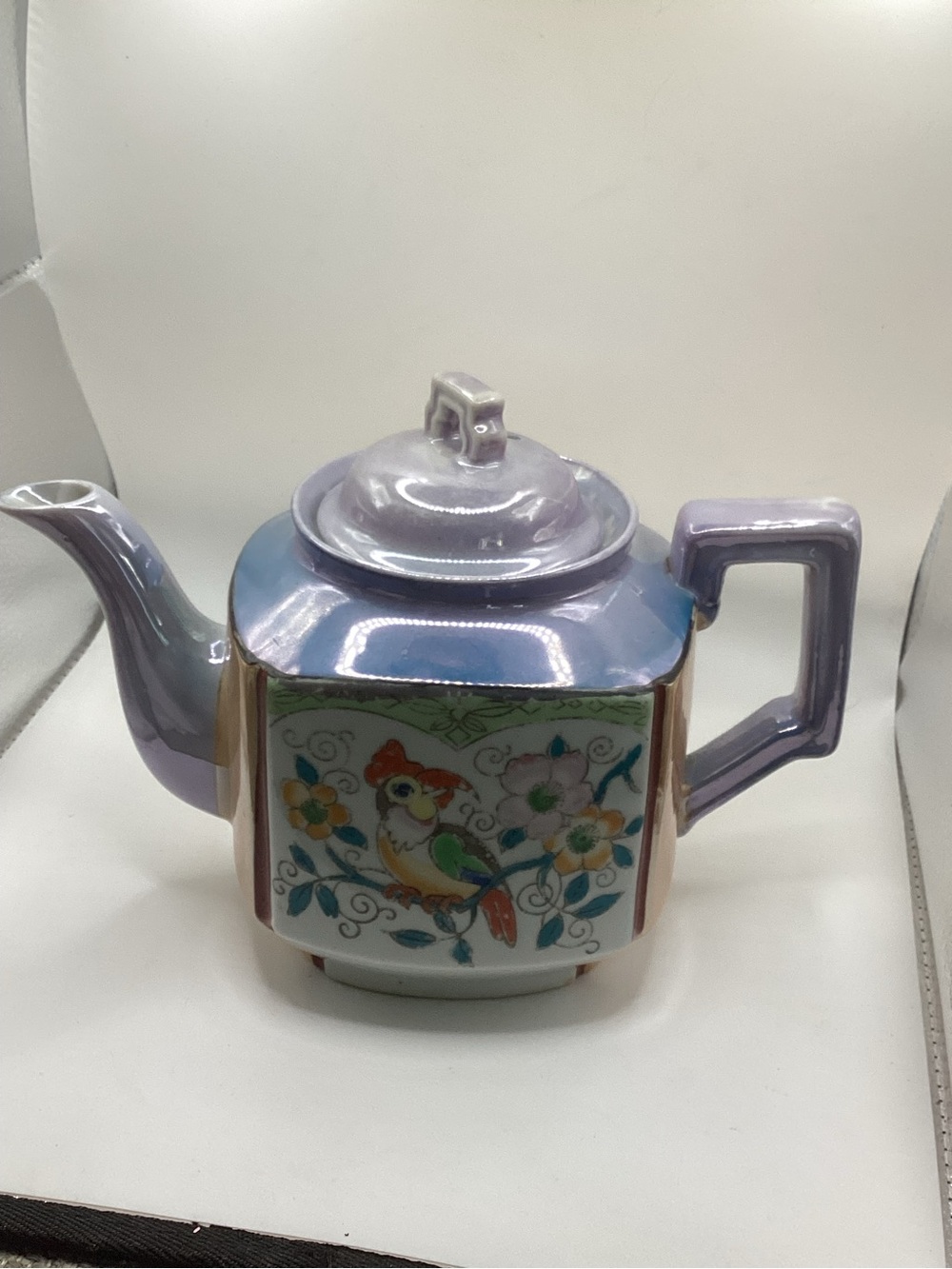 vintage, hand-painted lusterware teapot with floral, bird, tree painting